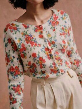 EUC Sezane Juno Floral Mohair Wool Cardigan Ecru Red XS